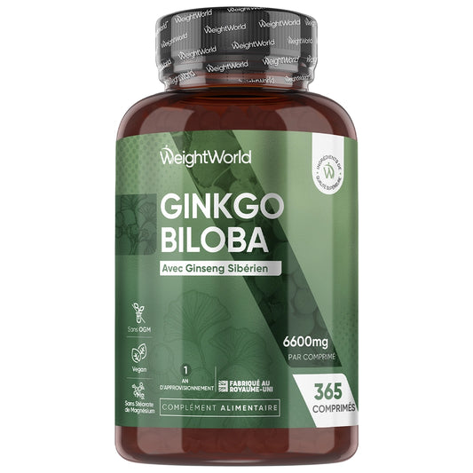 Complément WeightWorld Ginkgo Biloba au ginseng sibérien, flacon brun et étiquette verte