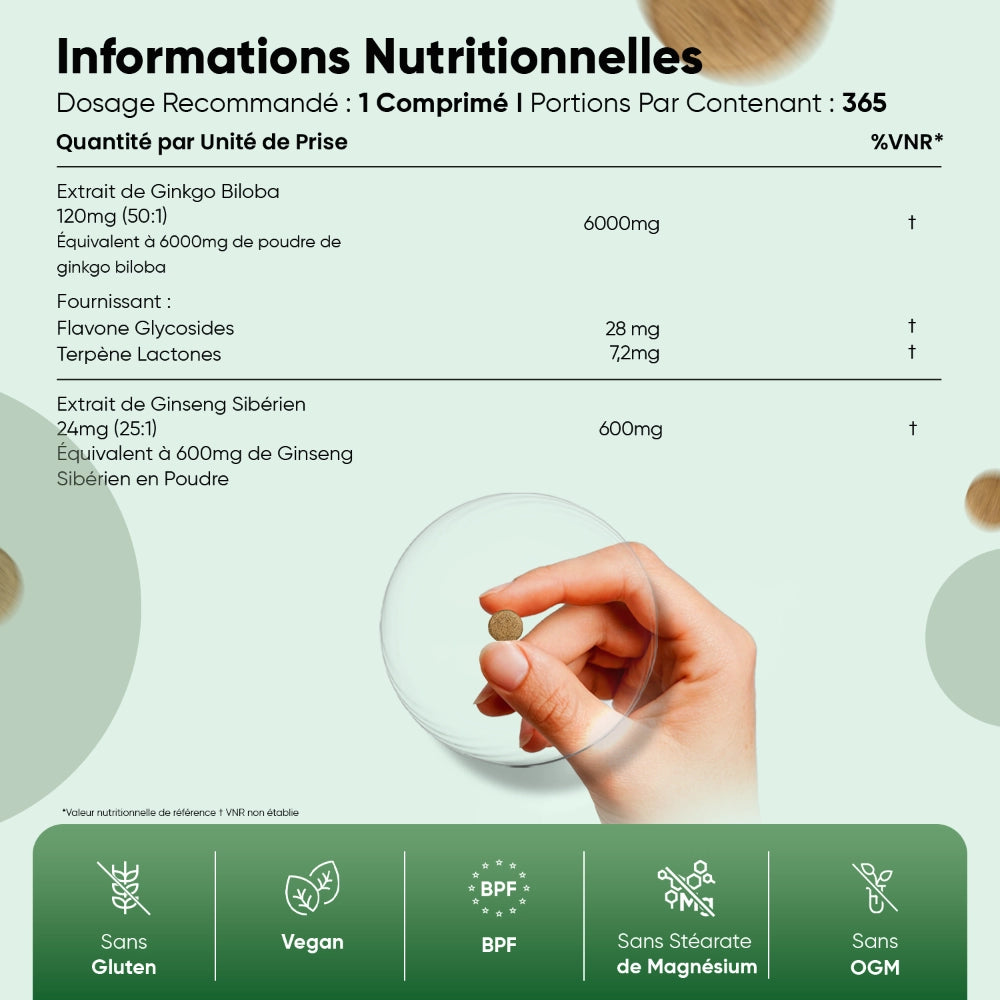 Tableau nutritionnel sur flacon Ginkgo Biloba et ginseng sibérien, main tenant un comprimé