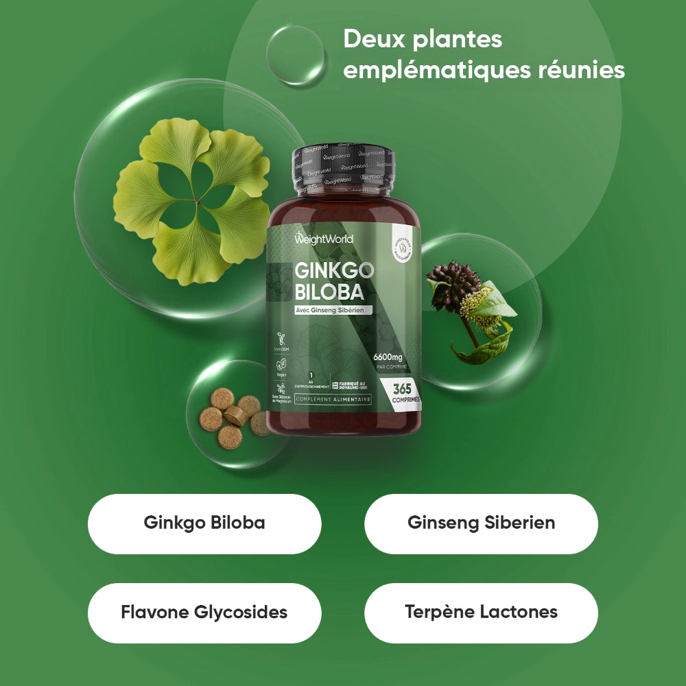 Complément WeightWorld Ginkgo Biloba au ginseng sibérien, flacon entouré d’icônes de plantes