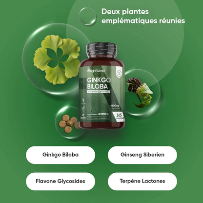 Complément WeightWorld Ginkgo Biloba au ginseng sibérien, flacon entouré d’icônes de plantes
