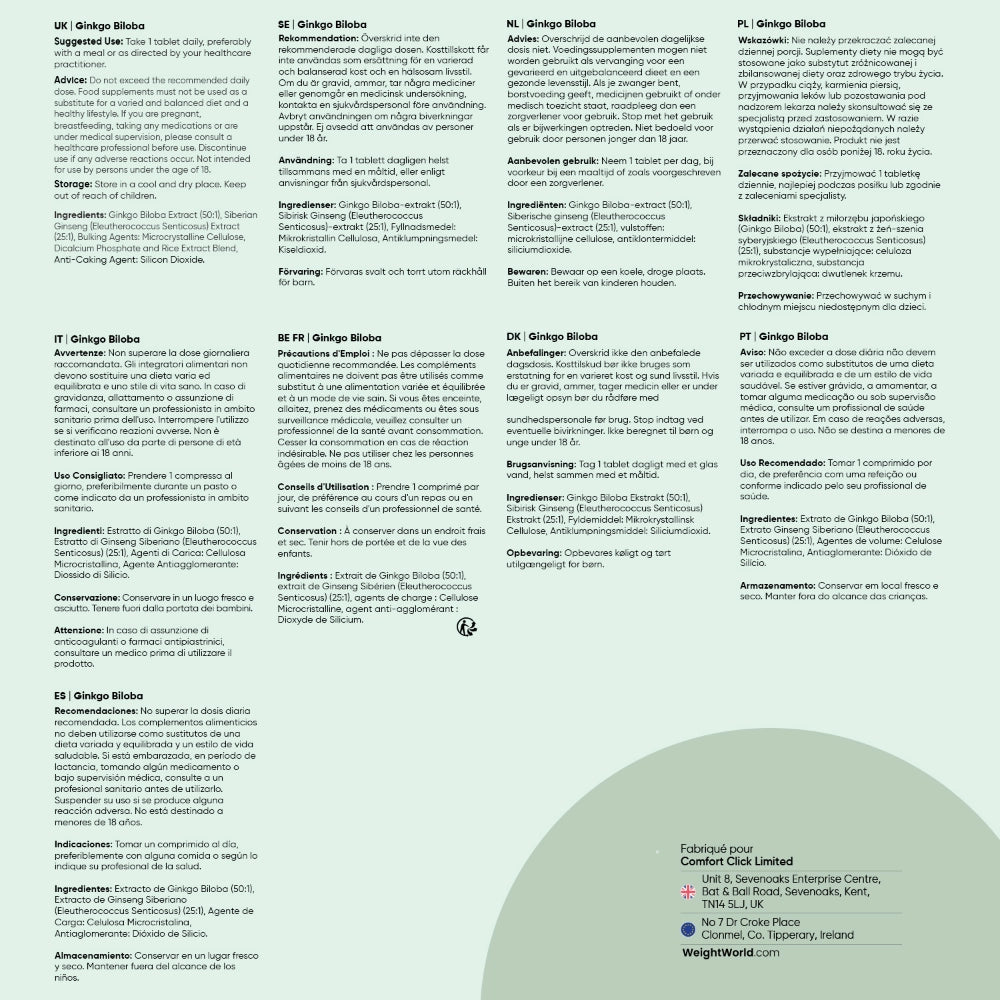 Texte de composition et avertissements sur l’emballage du complément WeightWorld Ginkgo Biloba