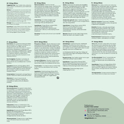 Texte de composition et avertissements sur l’emballage du complément WeightWorld Ginkgo Biloba