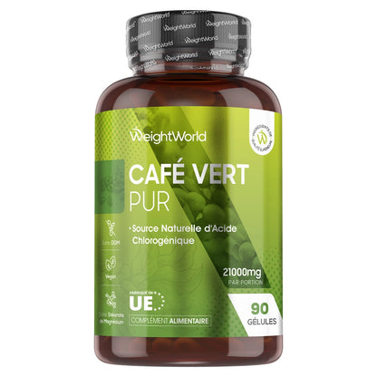 Flacon de complément WeightWorld Café vert pur, 90 gélules, bouchon noir et étiquette verte