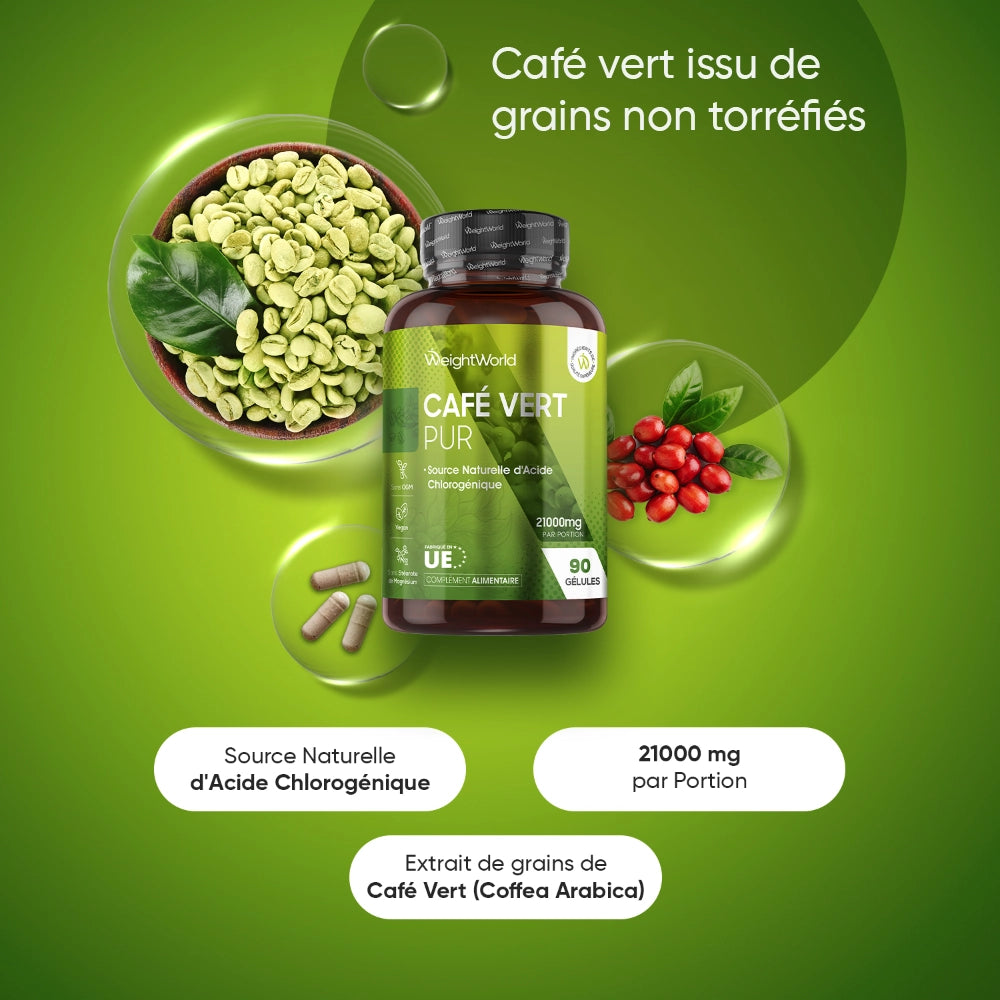 Flacon WeightWorld Café vert pur avec grains de café en arrière-plan et 90 gélules