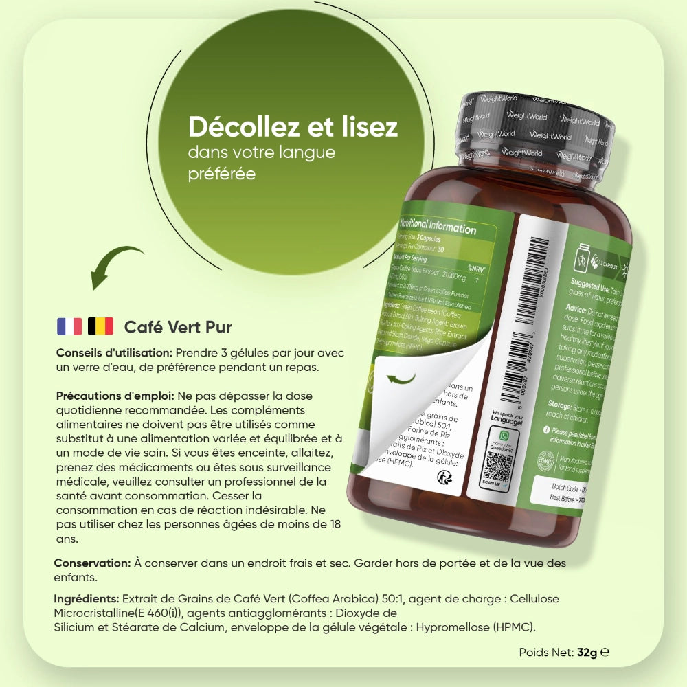 Flacon WeightWorld Café vert pur, face arrière avec conseils d’utilisation et poids 32 g