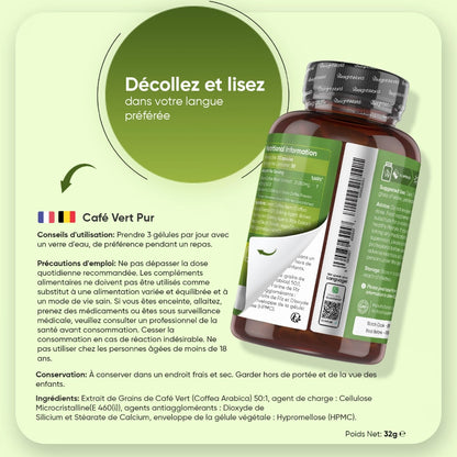 Flacon WeightWorld Café vert pur, face arrière avec conseils d’utilisation et poids 32 g