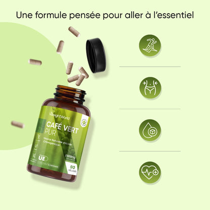 Flacon WeightWorld Café vert pur avec pictogrammes d’actions bien-être et gélules