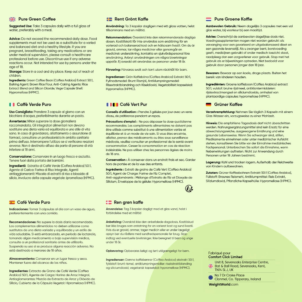 Flacon WeightWorld Café vert pur et texte informatif en colonnes, ingrédients et usage