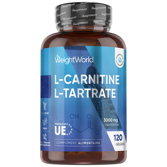 Bouteille WeightWorld L-Carnitine L-Tartrate, 120 gélules, 3000 mg.