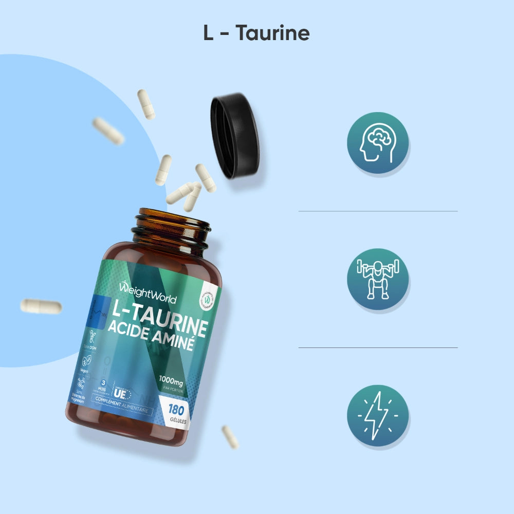 Bocal et gélules de L-taurine, flacon ambré, bouchon noir WeightWorld