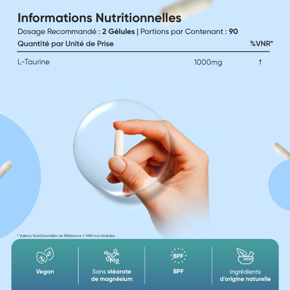 Informations nutritionnelles L-taurine 1000 mg, format gélules, 90 unités