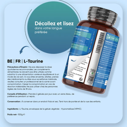 Face arrière du flacon de L-taurine WeightWorld avec précautions et conseils