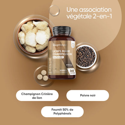 Flacon de complément Crinière de lion au poivre noir entouré de champignons et grains