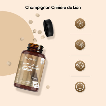 Flacon de complément Crinière de lion au poivre noir, bouchon noir ouvert, vue inclinée