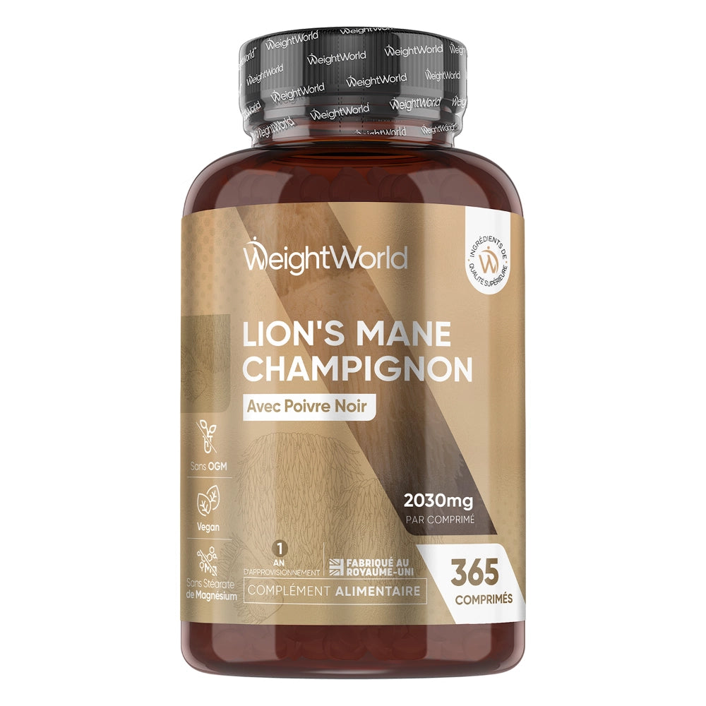 Flacon de complément Crinière de lion au poivre noir, brun ambré, étiquette avant