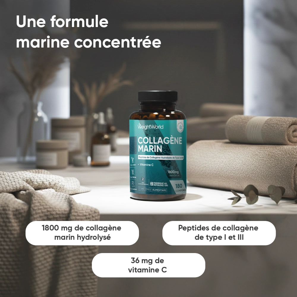 Flacon de collagène marin à la vitamine C, étiquette lisible et format 180 comprimés.