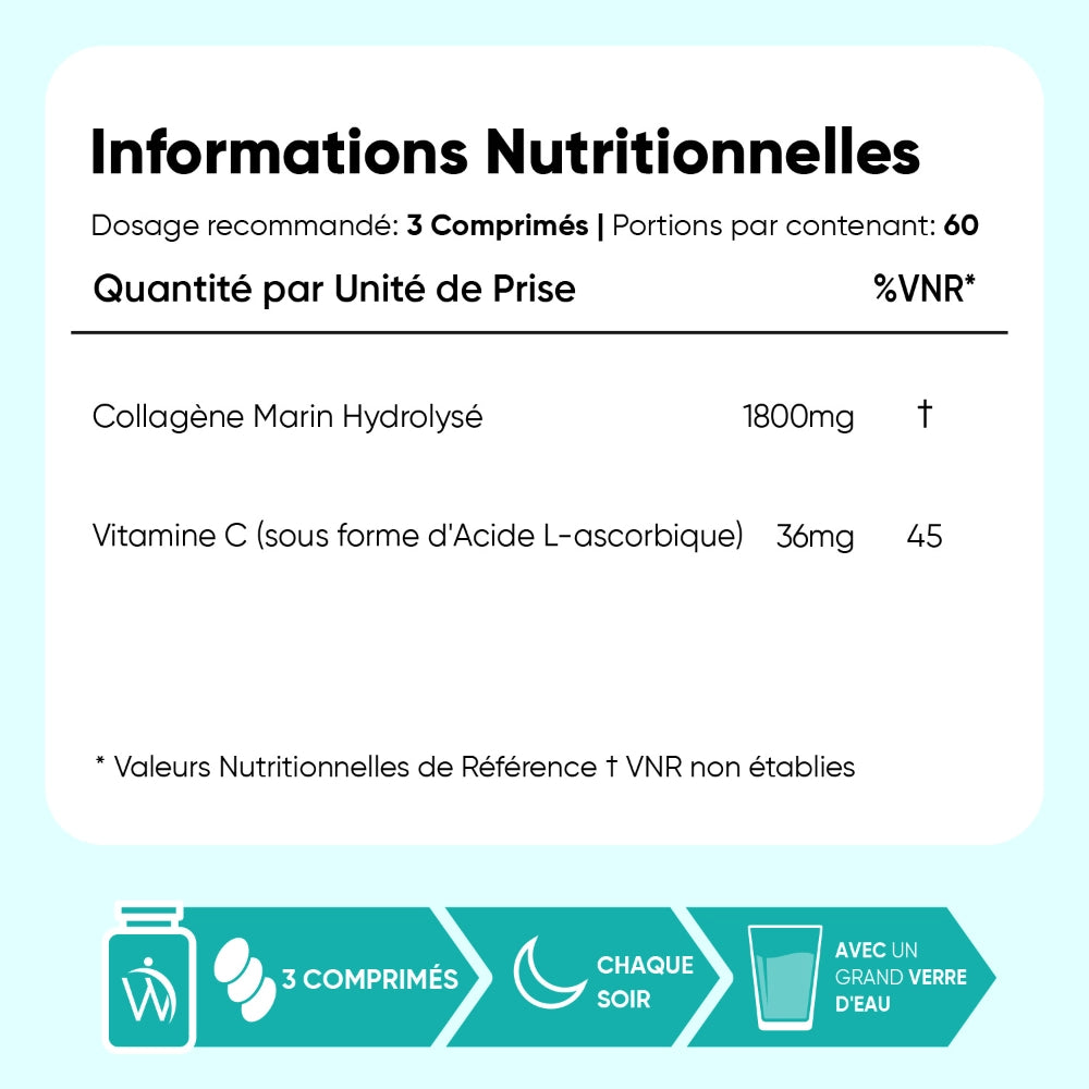 Informations nutritionnelles: collagène marin hydrolysé 1800 mg, vitamine C 36 mg.