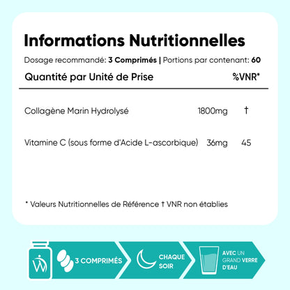 Informations nutritionnelles: collagène marin hydrolysé 1800 mg, vitamine C 36 mg.