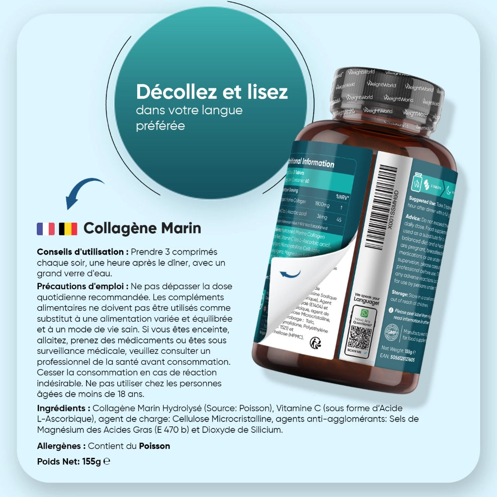 Flacon collagène marin avec consignes d’utilisation, ingrédients et précautions au dos.