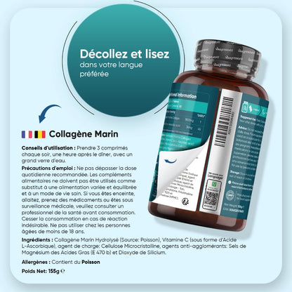 Flacon collagène marin avec consignes d’utilisation, ingrédients et précautions au dos.