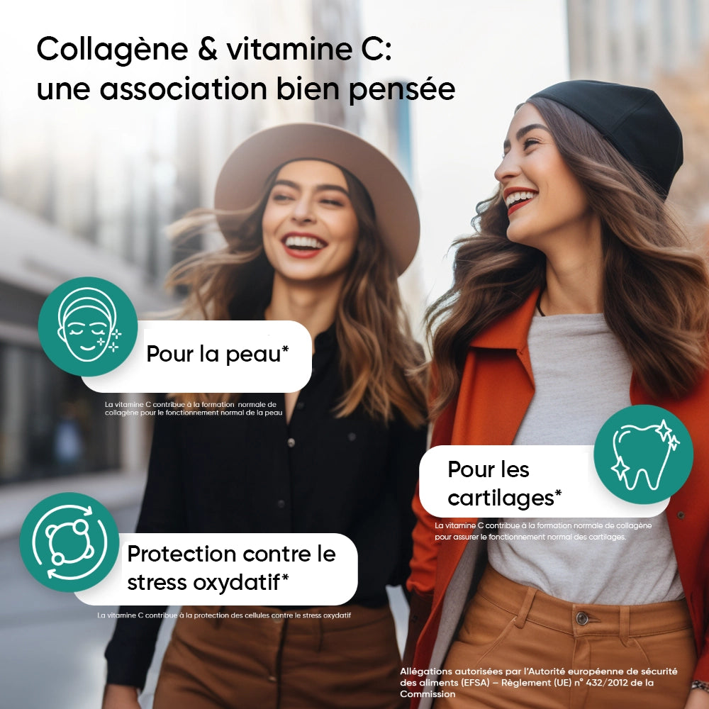 Infographie collagène et vitamine C: bénéfices pour la peau et les cartilages.