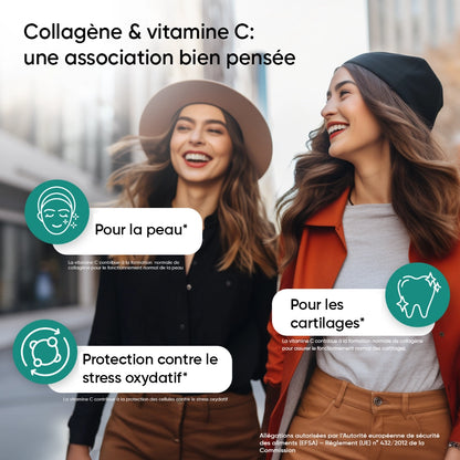 Infographie collagène et vitamine C: bénéfices pour la peau et les cartilages.