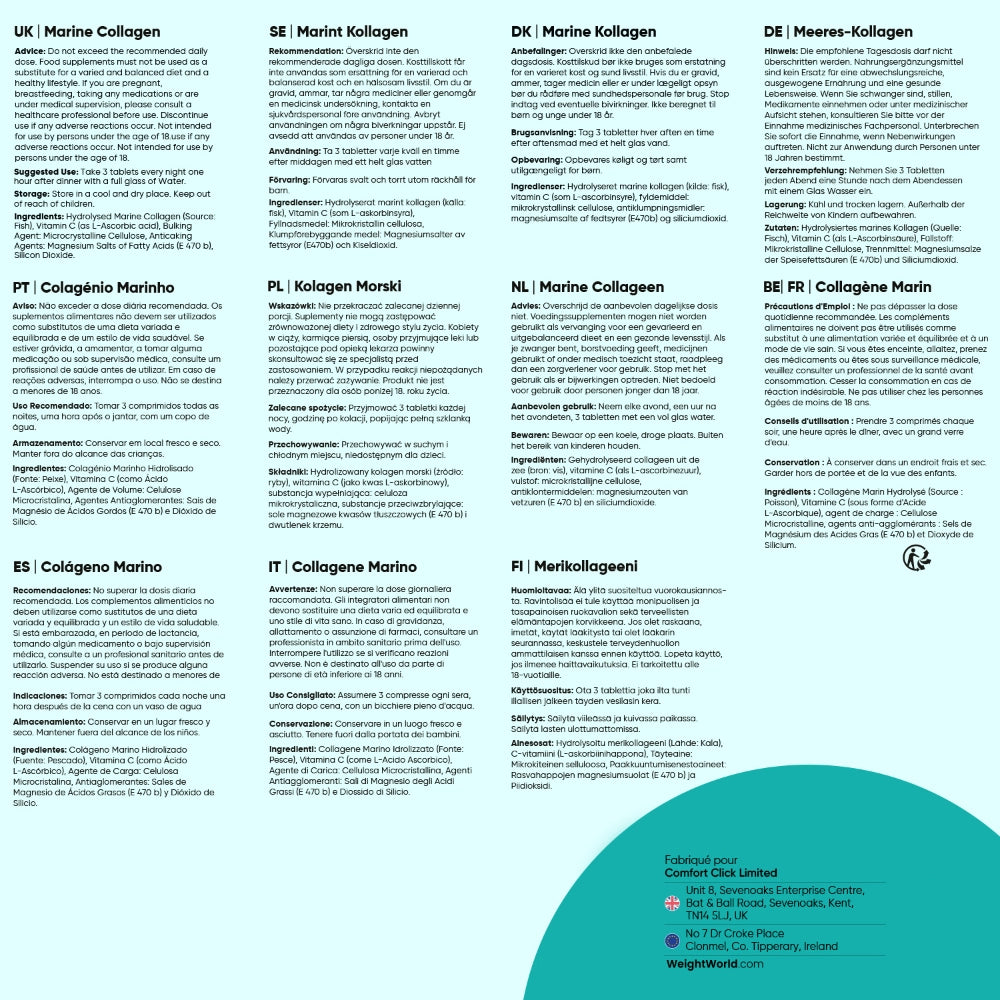 Informations produit par pays pour collagène marin WeightWorld, texte multilingue.