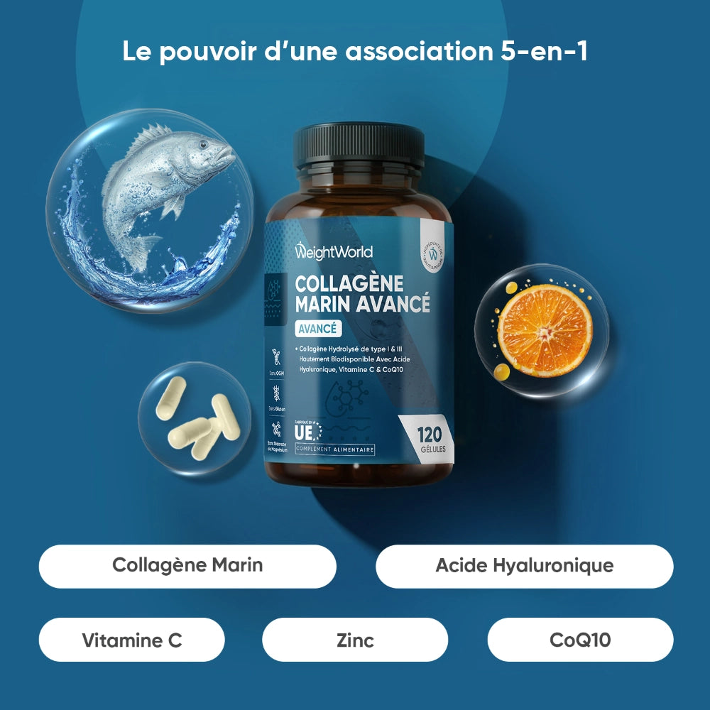 Flacon WeightWorld Collagène marin avancé, 5-en-1 avec vitamine C, zinc et CoQ10.