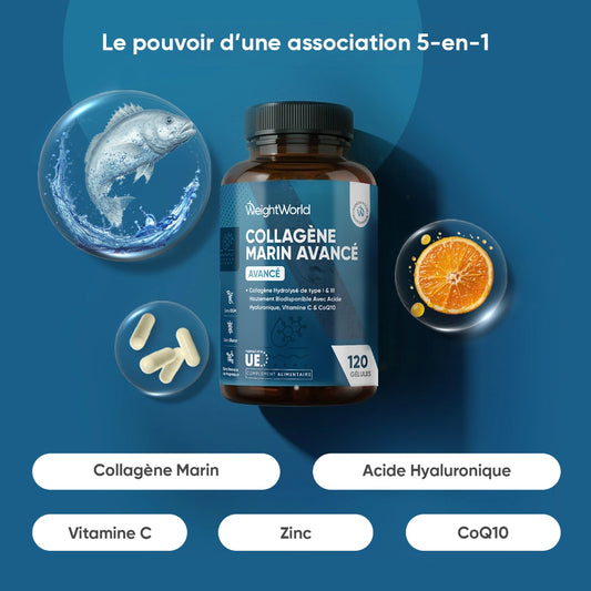 Flacon WeightWorld Collagène marin avancé, 5-en-1 avec vitamine C, zinc et CoQ10.