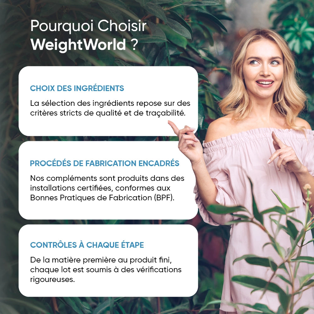 Informations WeightWorld : choix des ingrédients, fabrication encadrée et contrôles.
