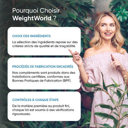Informations WeightWorld : choix des ingrédients, fabrication encadrée et contrôles.