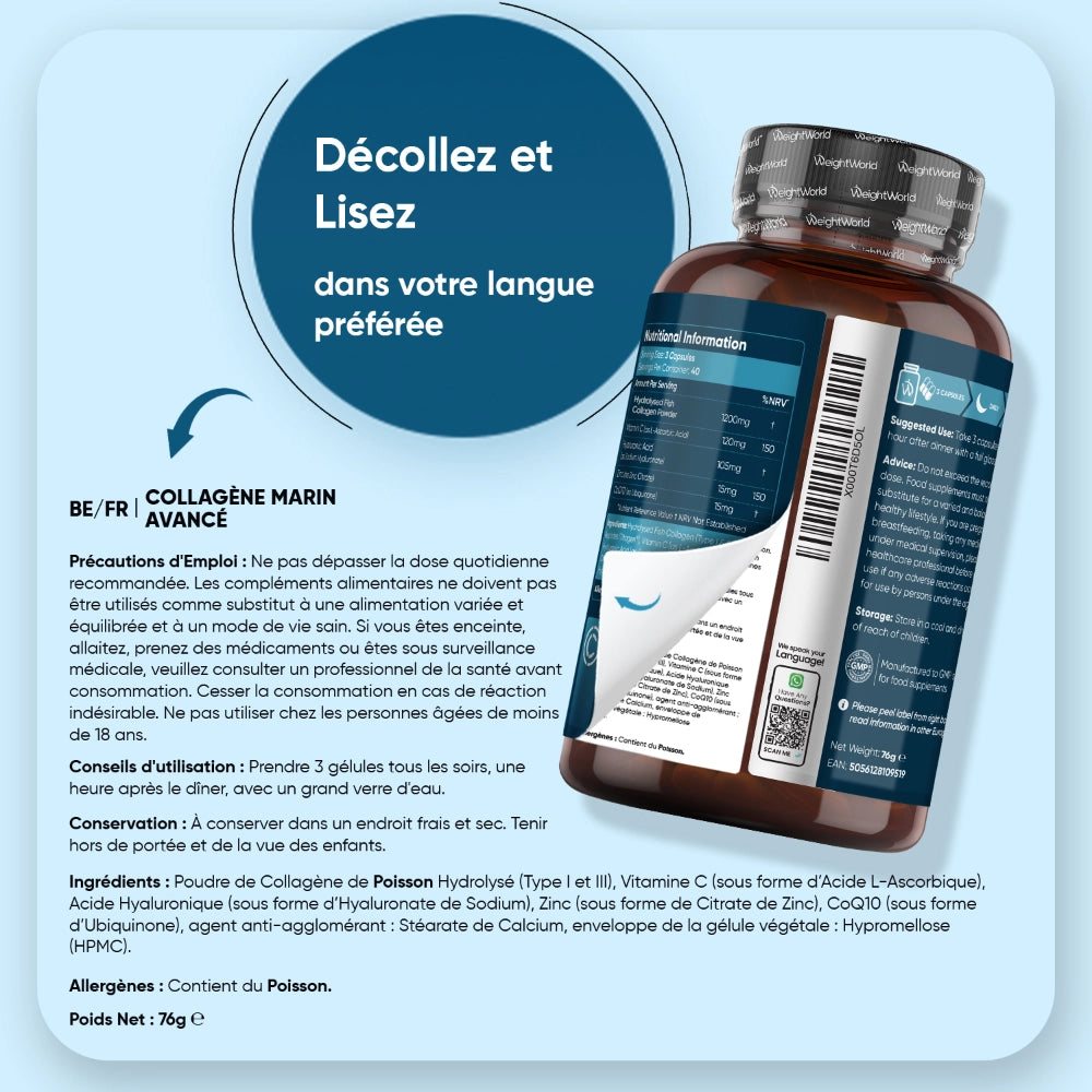 Flacon WeightWorld : conseils d’utilisation, précautions et prise recommandée de 3 gélules le soir.