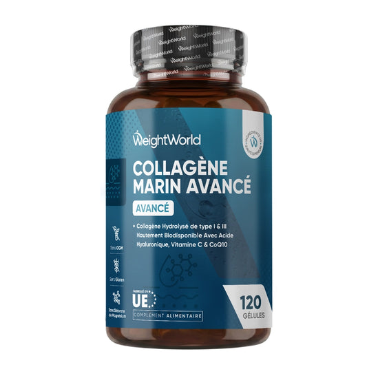 Flacon WeightWorld Collagène marin avancé, acide hyaluronique, 120 gélules.