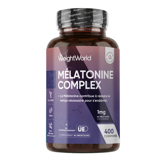 Flacon de complément de mélatonine 1 mg WeightWorld, étiquette violette, 400 comprimés