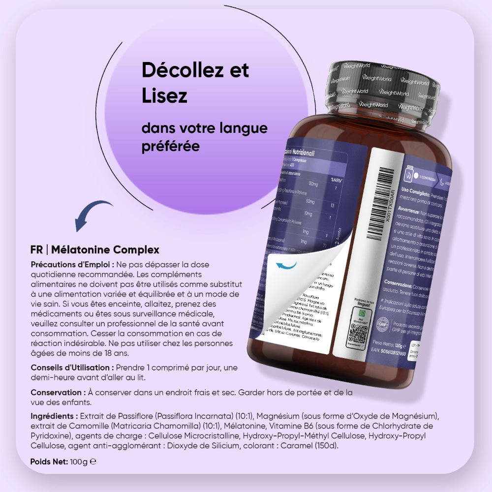 Étiquette au dos du flacon WeightWorld indiquant posologie et composition, mélatonine 1 mg