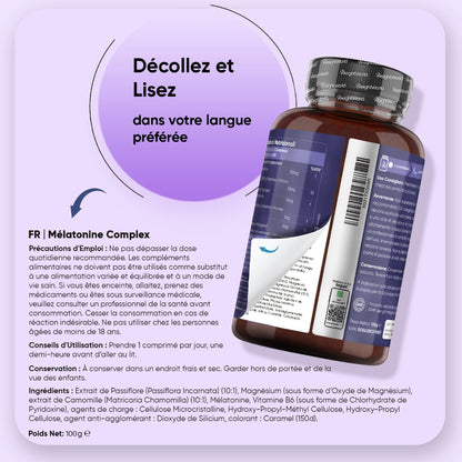 Étiquette au dos du flacon WeightWorld indiquant posologie et composition, mélatonine 1 mg