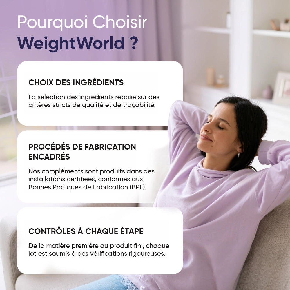 Visuel « Pourquoi choisir WeightWorld ? » : contrôle des ingrédients et fabrication encadrée
