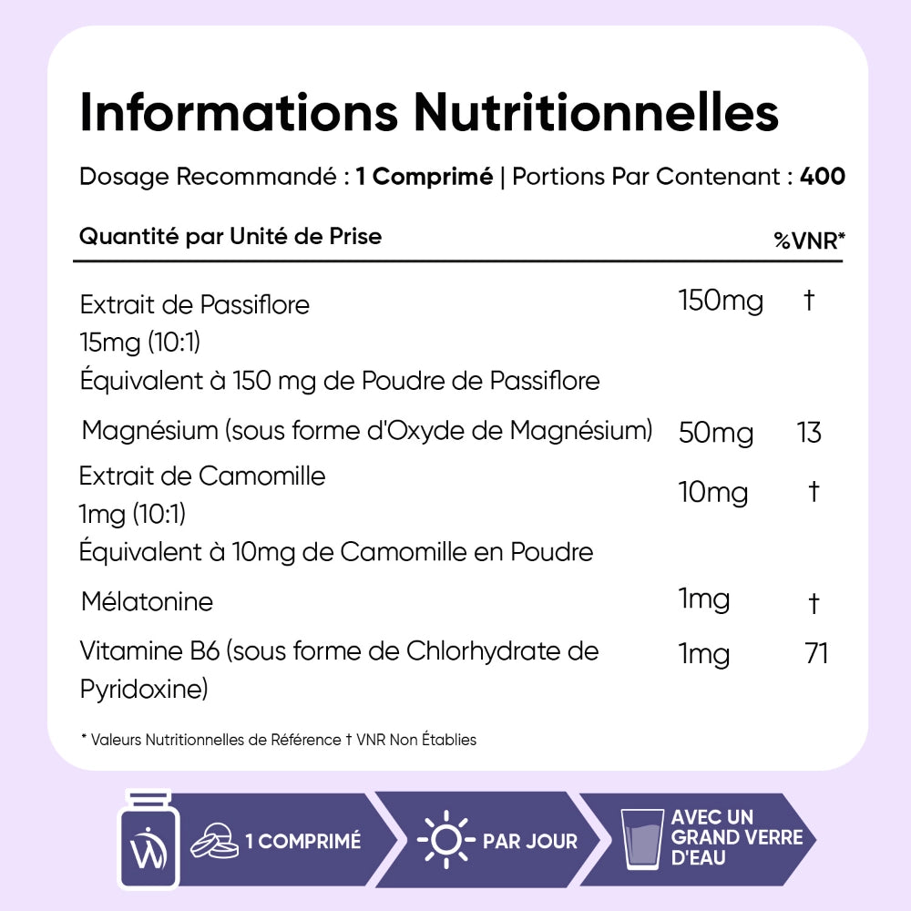 Tableau d’informations nutritionnelles : 1 comprimé/jour, 400 portions, mélatonine 1 mg