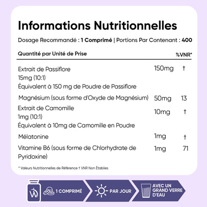 Tableau d’informations nutritionnelles : 1 comprimé/jour, 400 portions, mélatonine 1 mg