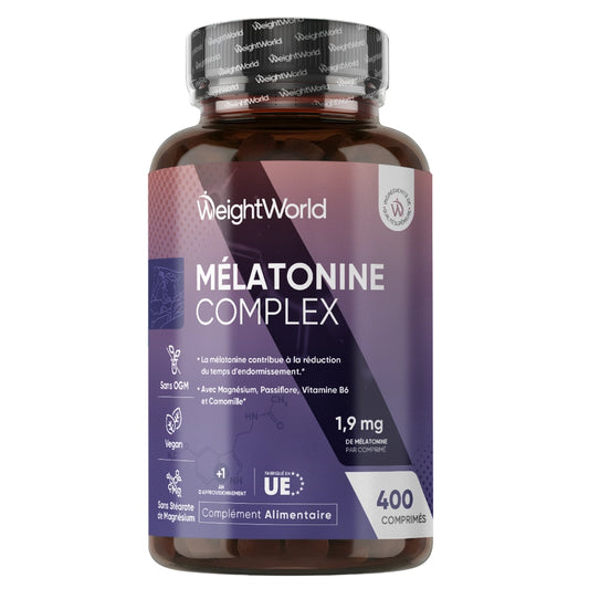 Flacon brun WeightWorld « MélaTonine Complex » avec bouchon noir, étiquette violette.
