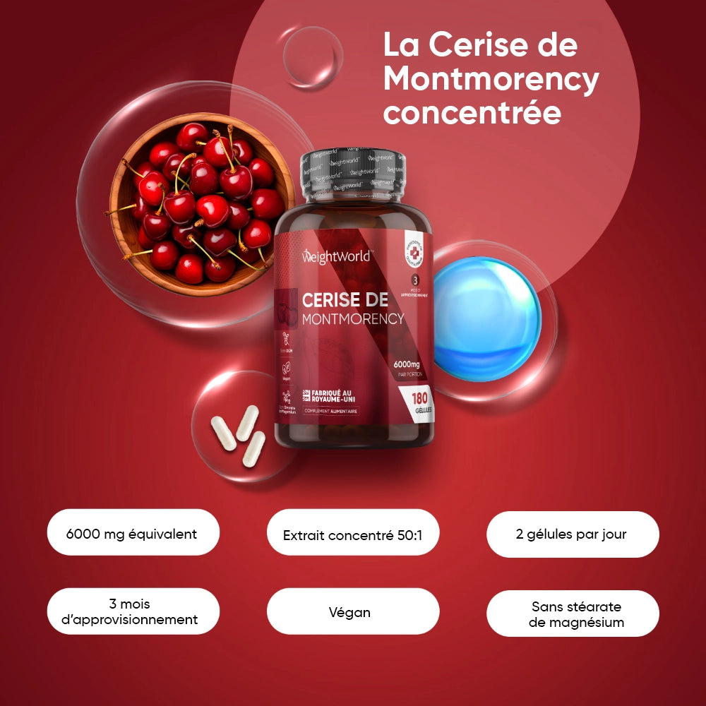 Bouteille de gélules WeightWorld Cerise de Montmorency, extrait concentré, 2 gélules