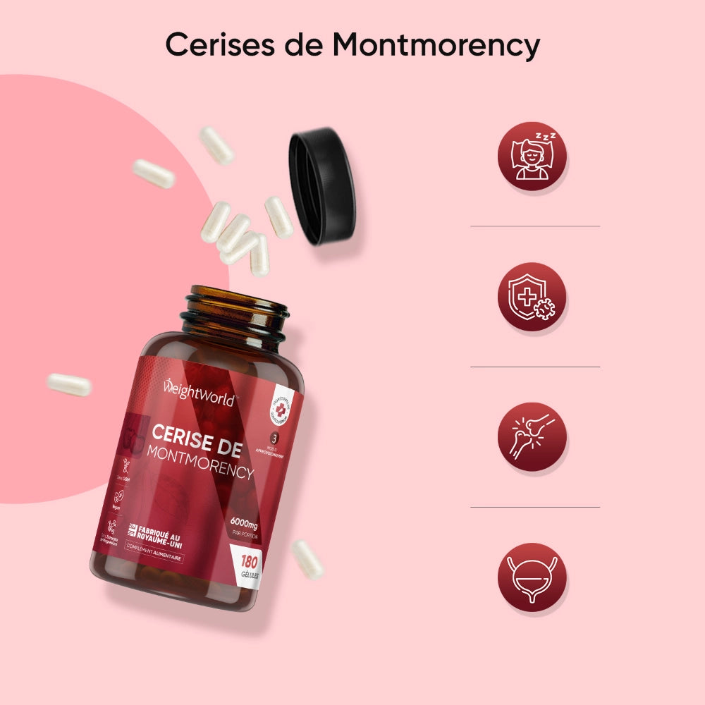 Bouteille de compléments à la cerise de Montmorency avec gélules blanches