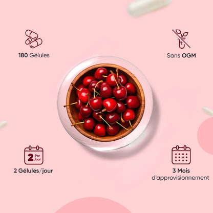 Boîte de compléments cerise de Montmorency avec bol de cerises et gélules