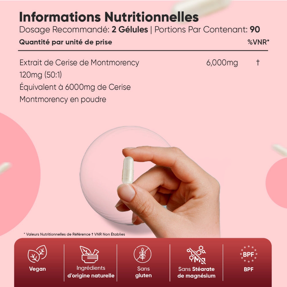 Tableau nutritionnel sur flacon de compléments à la cerise de Montmorency, 180 gélules