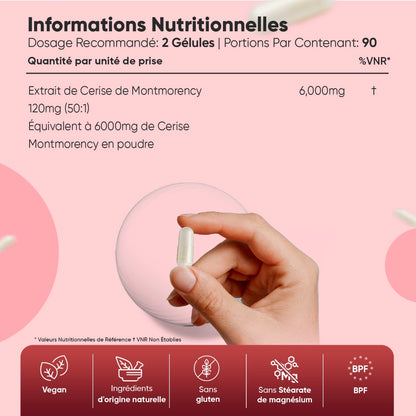 Tableau nutritionnel sur flacon de compléments à la cerise de Montmorency, 180 gélules