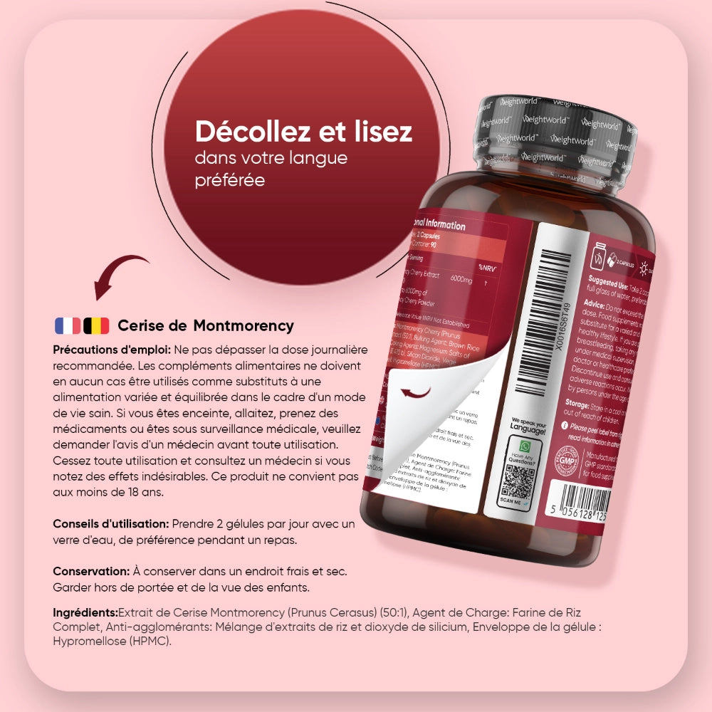 Flacon de compléments cerise de Montmorency avec étiquette d’utilisation