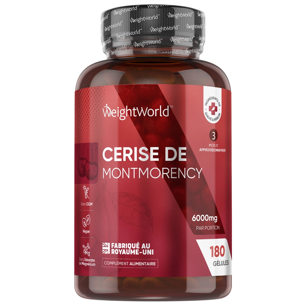 Bouteille de compléments Cerise de Montmorency, 180 gélules, WeightWorld, capuchon noir