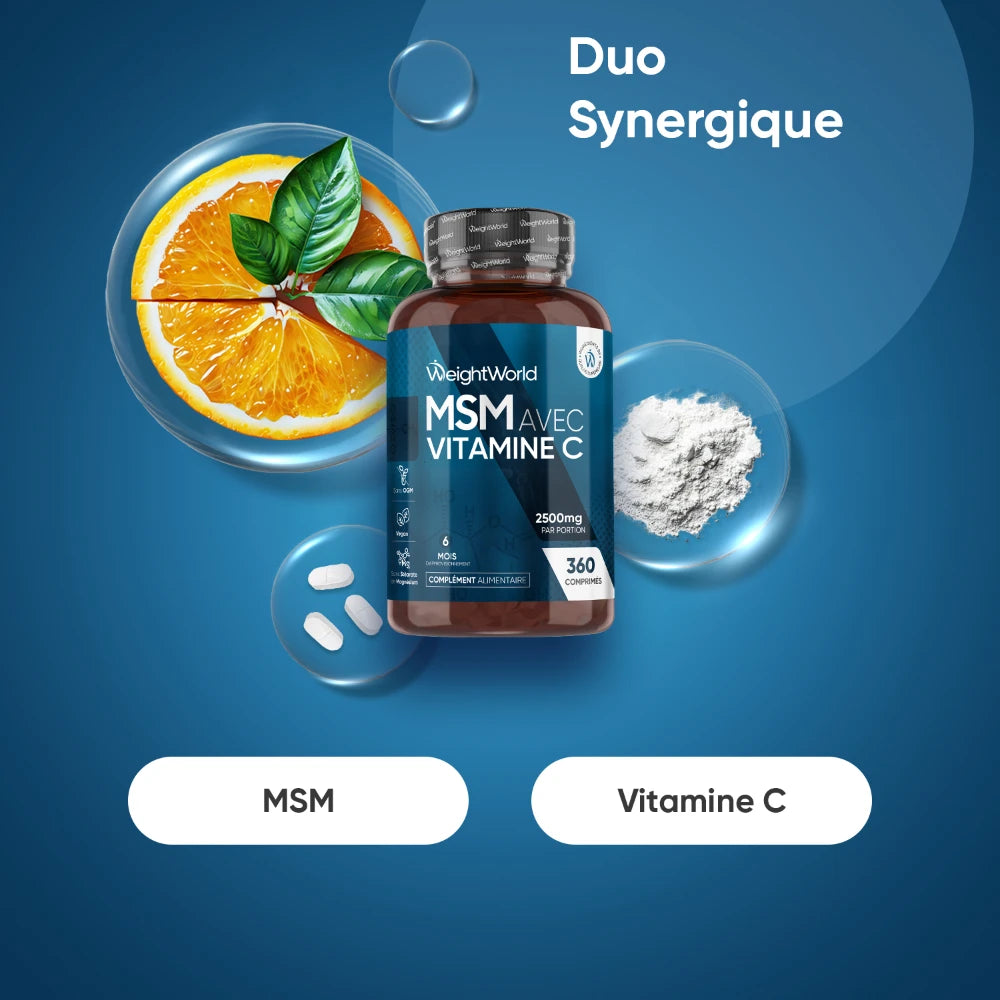 Complément alimentaire WeightWorld MSM avec vitamine C, flacon brun, 360 comprimés