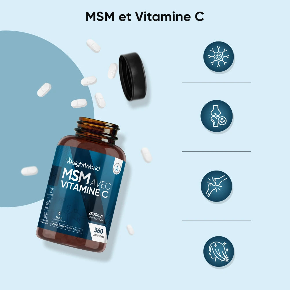 Complément alimentaire WeightWorld MSM avec vitamine C, flacon brun et comprimés blancs