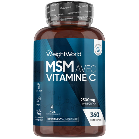 Complément alimentaire WeightWorld MSM avec vitamine C, flacon brun, 360 comprimés